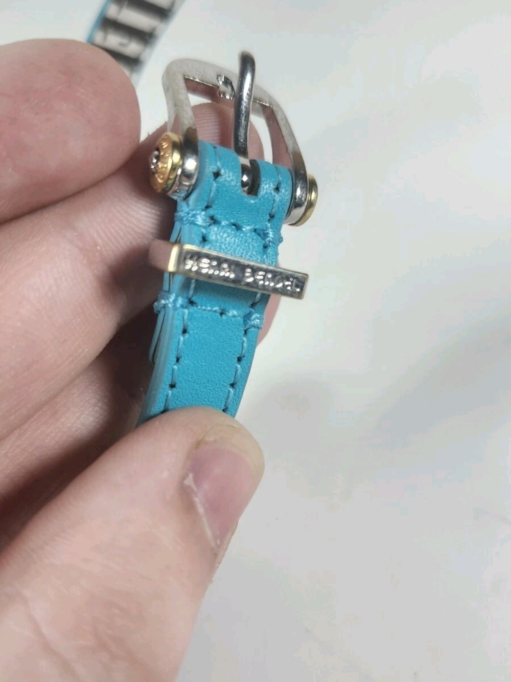 Henri Bendel Vintage Silver Tone Leather Lock Logo Bracelet Turquoise Blue - Picture 8 of 16